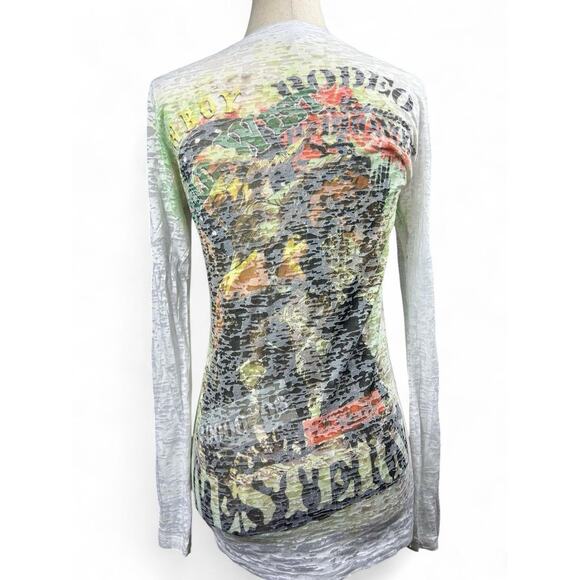 Vintage Y2K Western Grunge Shirt Size M All Over Graphics Sequins Quotes - Picture 4 of 8